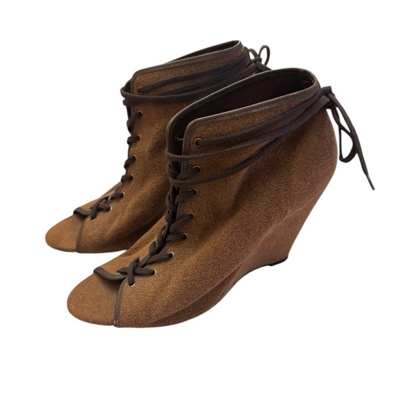 Joie Lace-Up Peep Toe Wedge Booties Brown Canvas Leather Trim Size 39.5 (9.5) - Picture 1 of 8